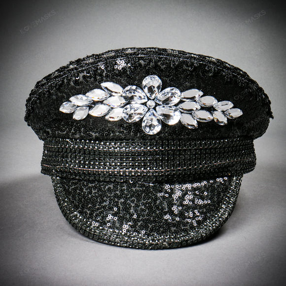 Steampunk Burning Man Captain Hat with Silver Rhinestones - Black - Picture 2 of 10